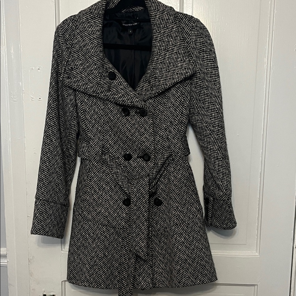 Jones New York Herringbone Wool Blend Trench Coat in Black and White